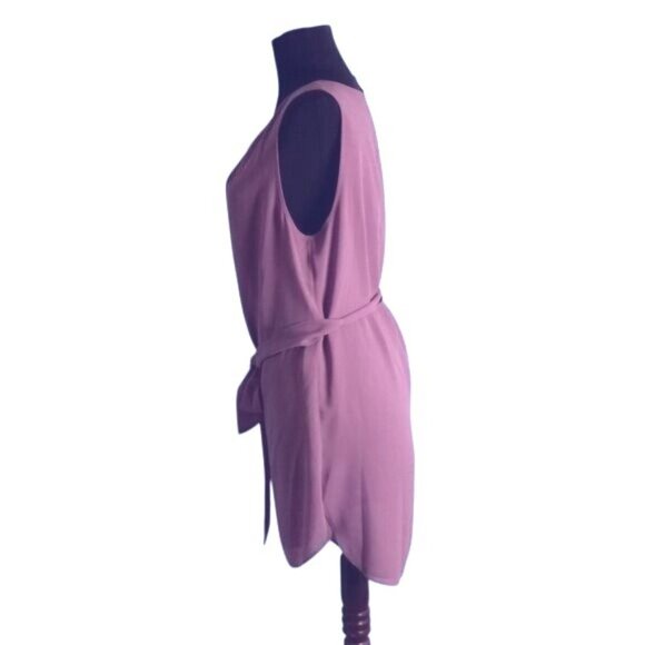 WHBM M Tunic Blouse Tank Top Purple Sleeveless Tie Waist Notched Neckline Sheer - Picture 8 of 9